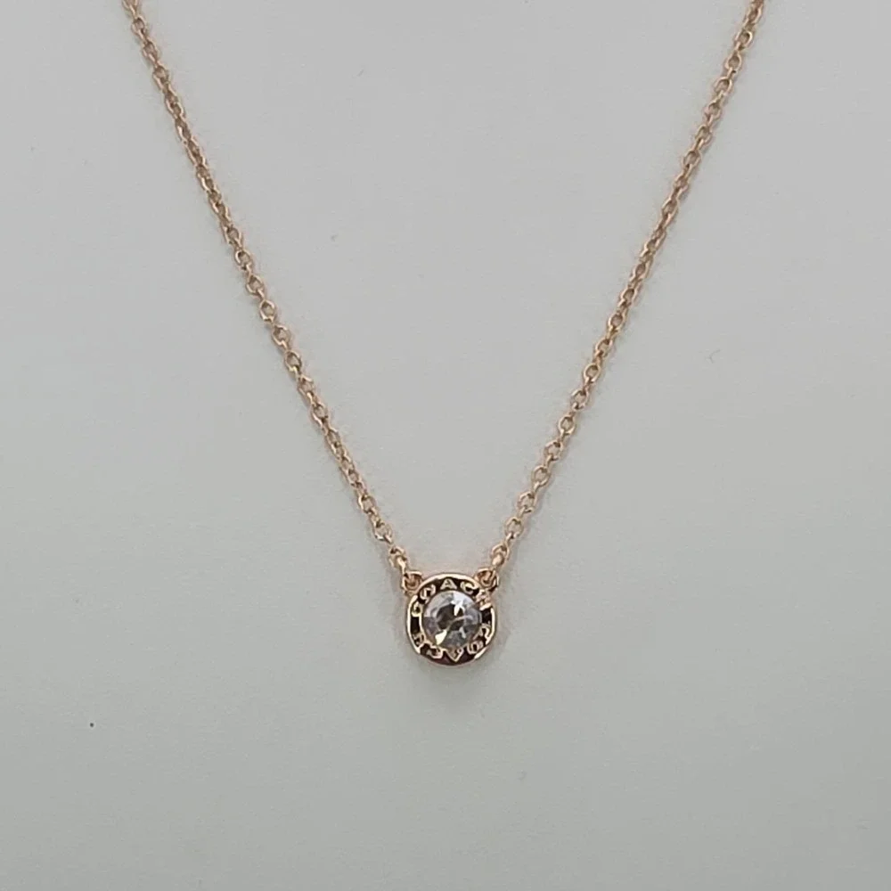 Vtg COACH Necklace Open Circle Crystal Pendant Rose Gold Plate‎ Round Link 18